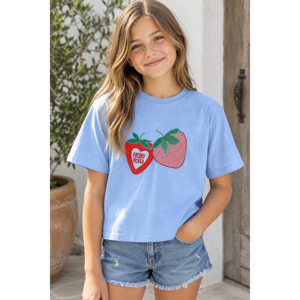 Zara Kids Light Blue Strawberry Graphic T-Shirt Size 11-12 Years